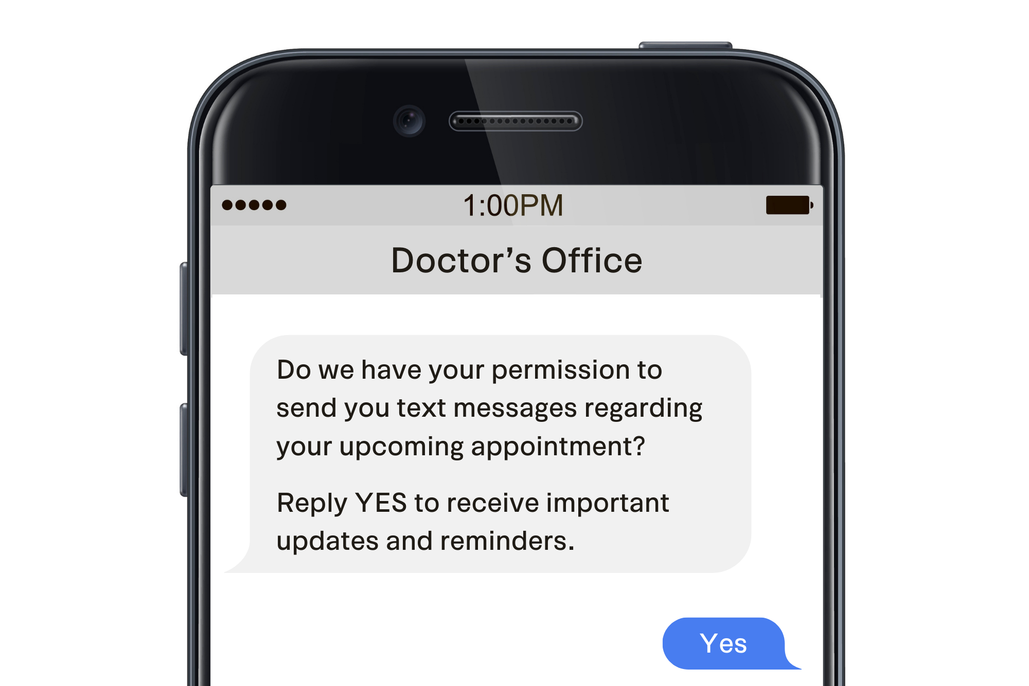 A text exchange between a doctor's office and patient representing Simple Interact's new 2-way SMS chat feature.