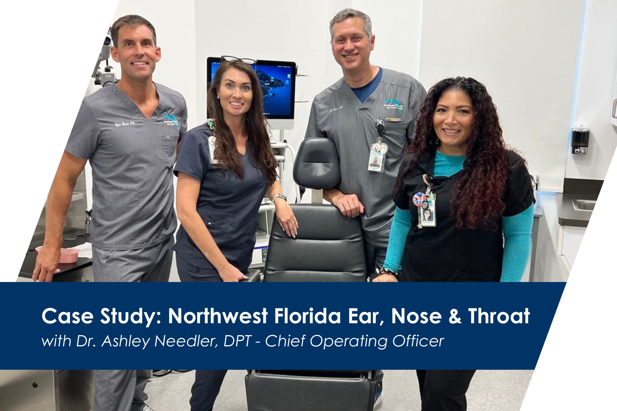 The physician team at Northwest Florida Ear, Nose & Throat poses next to a medical chair.