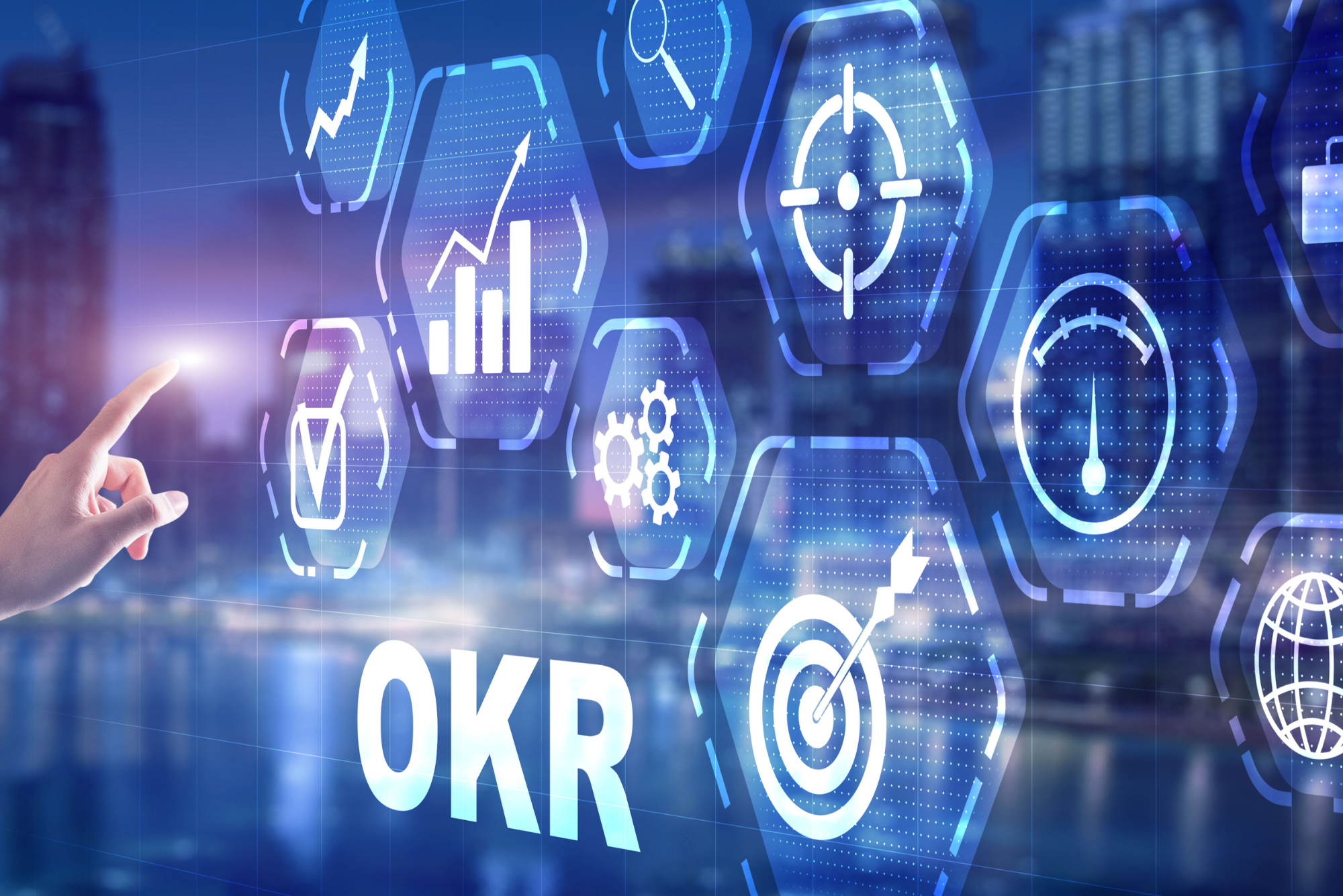 A person looks at an assortment of glowing icons in the air, about to touch one marked "OKR".