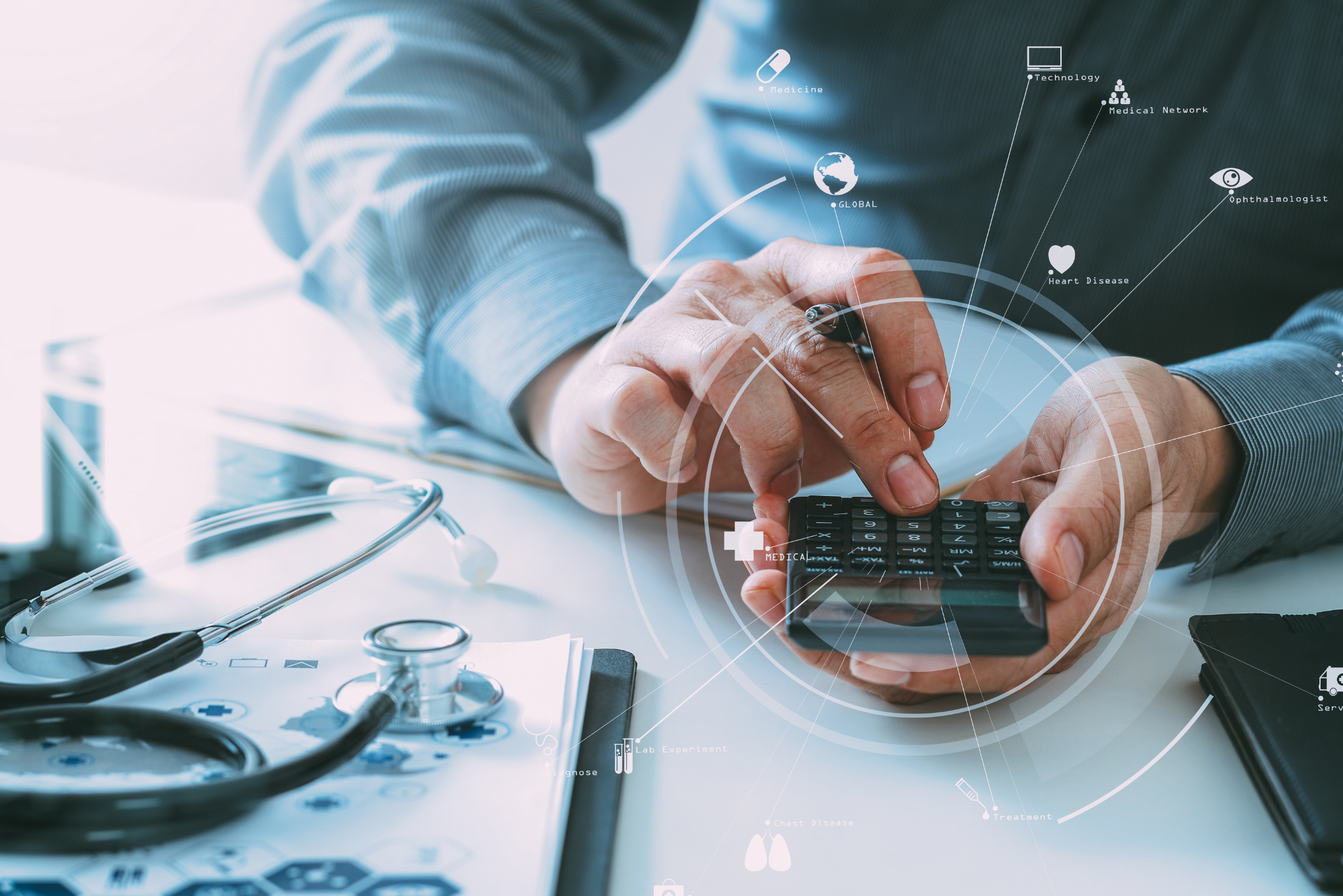 A man uses a calculator to figure out his patient acquisition cost.